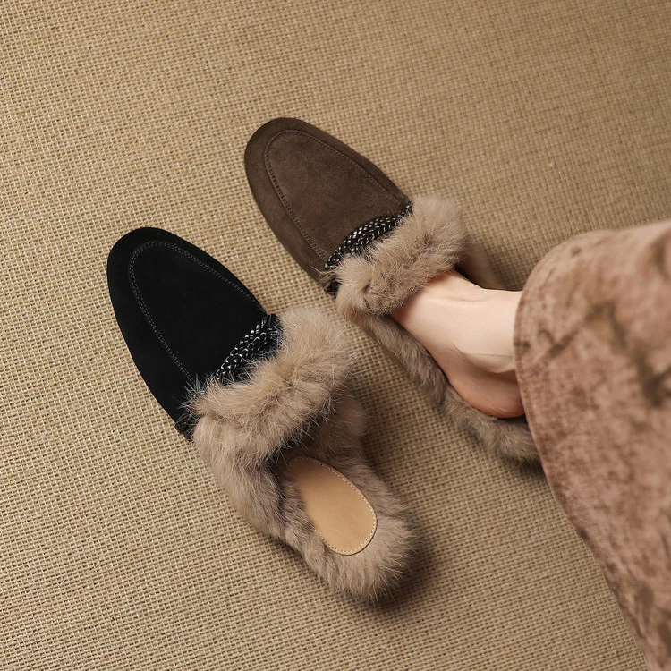头层羊翻皮2.5cm～复古百度拖鞋兔毛一脚蹬毛毛鞋新款粗跟冬季平跟