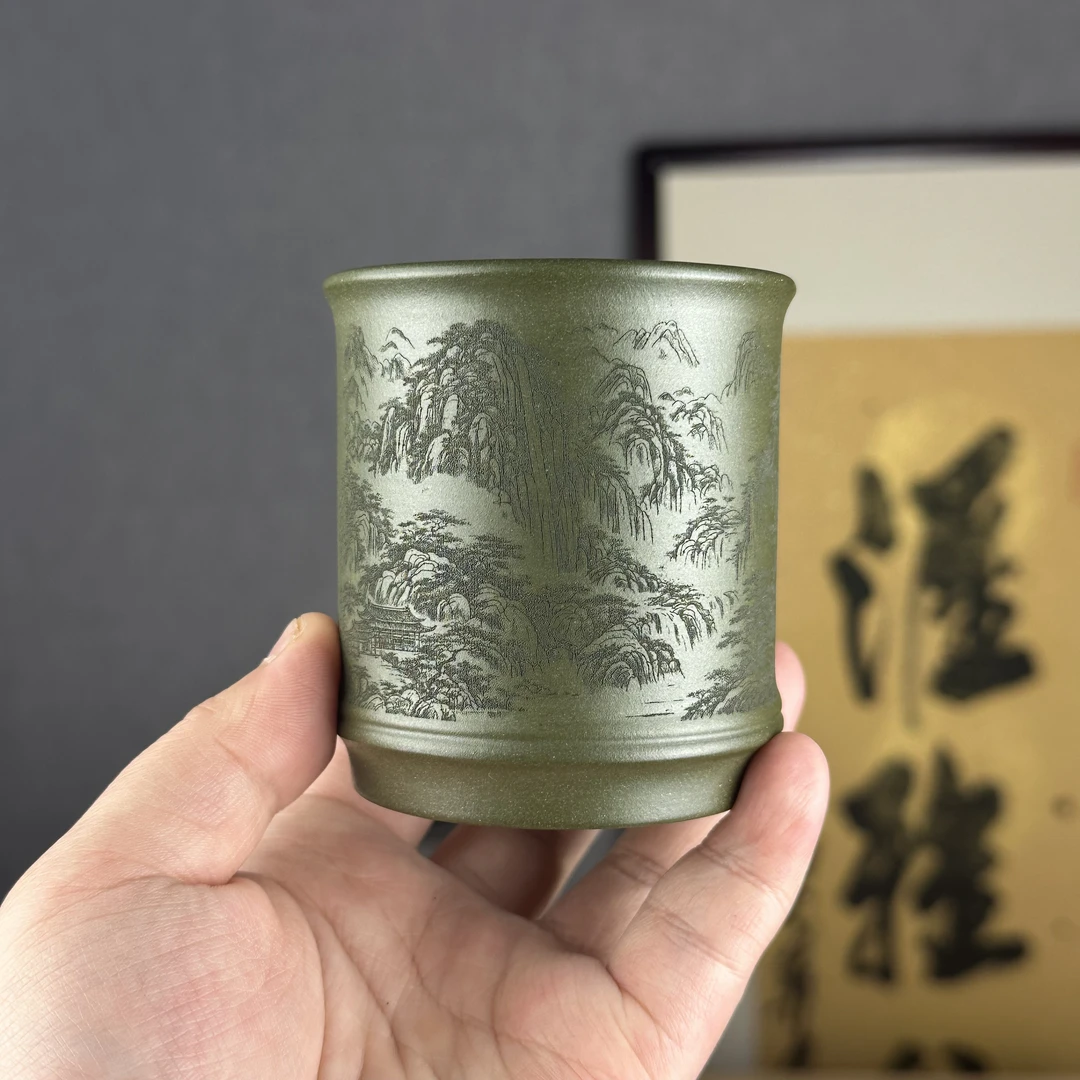 【汇雅馆】宜兴原矿紫砂绿泥主人杯溪山揽胜竹节茶杯直筒杯高档茶具