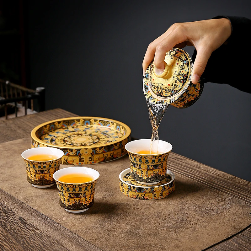 唐卡茶具系列鎏金珐琅彩大壶承复古陶瓷泡茶功夫茶具茶杯宫廷风