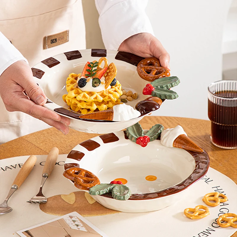 浮雕甜品盘子ins陶瓷早餐家用菜盘可爱沙拉饭碗酸奶餐盘餐具