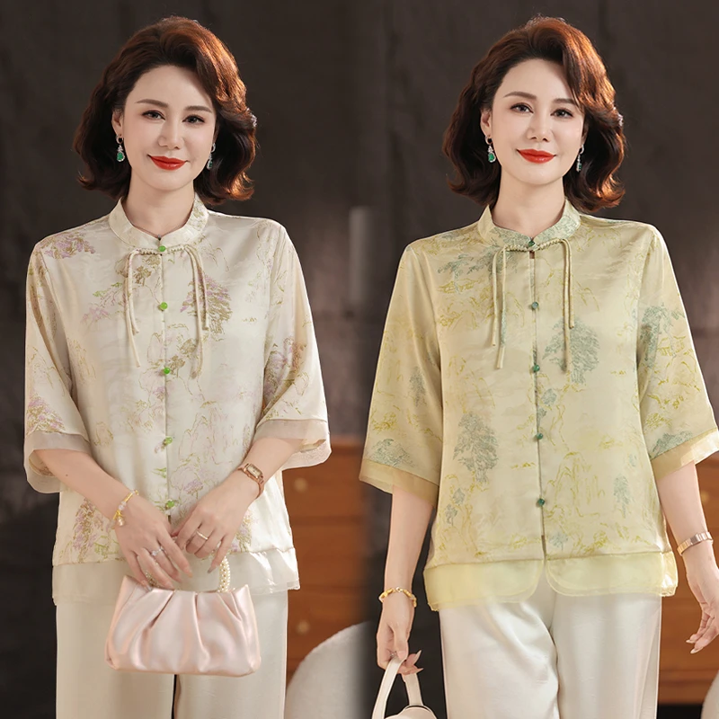 妈妈春夏新款2025衬衫洋气质高贵阔太太T恤小衫上衣服中老年女装