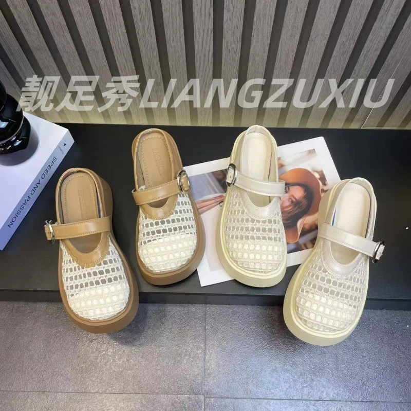 厚底镂空包头凉拖鞋女夏外穿2025时尚百搭透气网面一字带扣半拖鞋