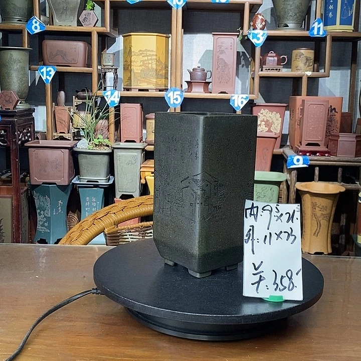 紫砂花盆天青泥通转水乡刻绘