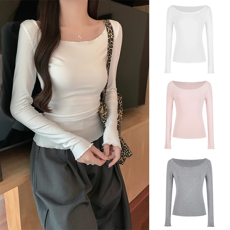 Moses Queen/魔西女王木耳边不规则领长袖T恤掐腰甜美纯欲上衣