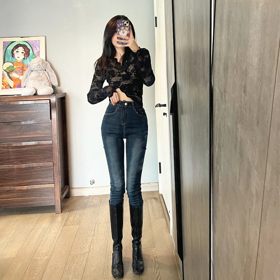 复古蓝色牛仔裤秋冬新款加绒加厚小脚裤铅笔裤弹力修身显瘦裤子女