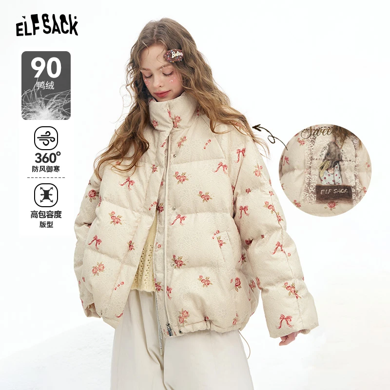 妖精的口袋轻薄加厚羽绒服保暖2025秋冬新款立领御寒印花连帽防风