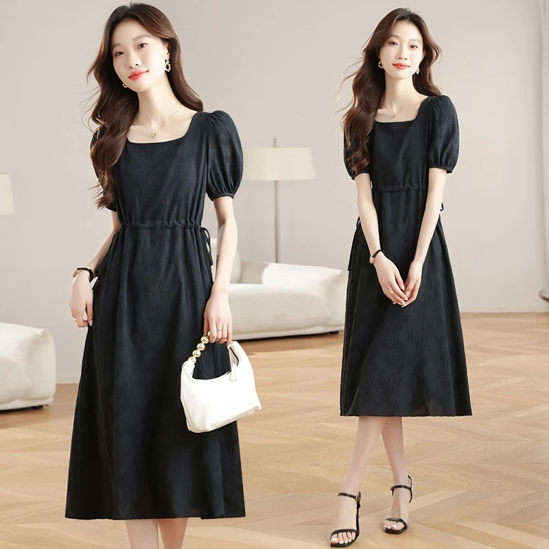 实拍连衣裙泡泡袖气质赫本风法式收腰显瘦女夏小个子小黑裙子长裙