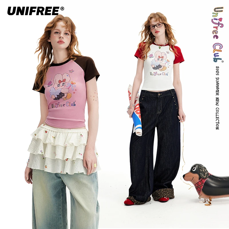 unifree【25年夏】正肩短袖T恤插肩袖美式复古短款显瘦小个子上衣