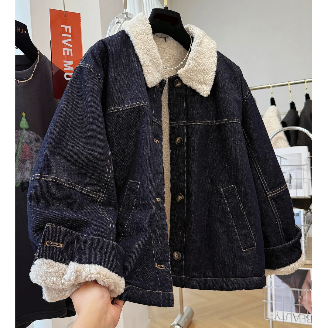 韩系穿搭高级感加绒加厚翻领牛仔外套女独特冬季慵懒风羊羔绒夹克