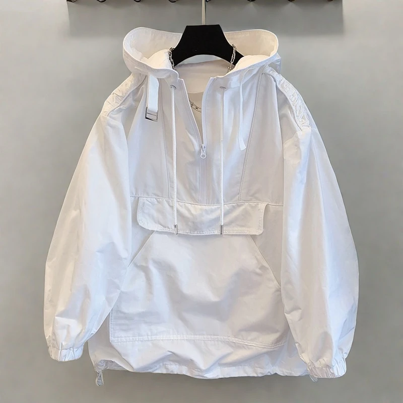潮牌纯色连帽冲锋衣透气风衣韩版拼接男女款工装外套春秋冬款潮流