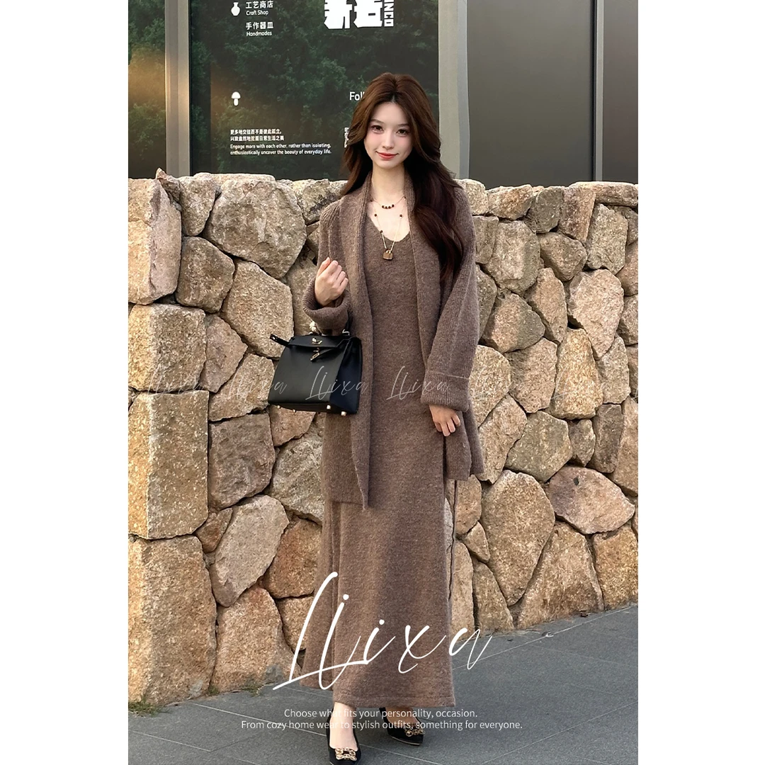 Liixu秋季新款宽松慵懒风长款美拉德吊带连衣裙套装M1347