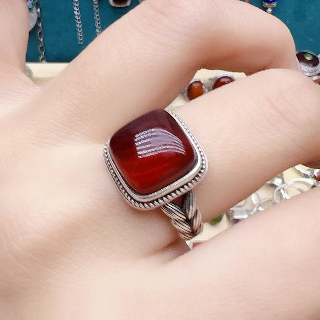 血珀戒指银S925镶嵌天然