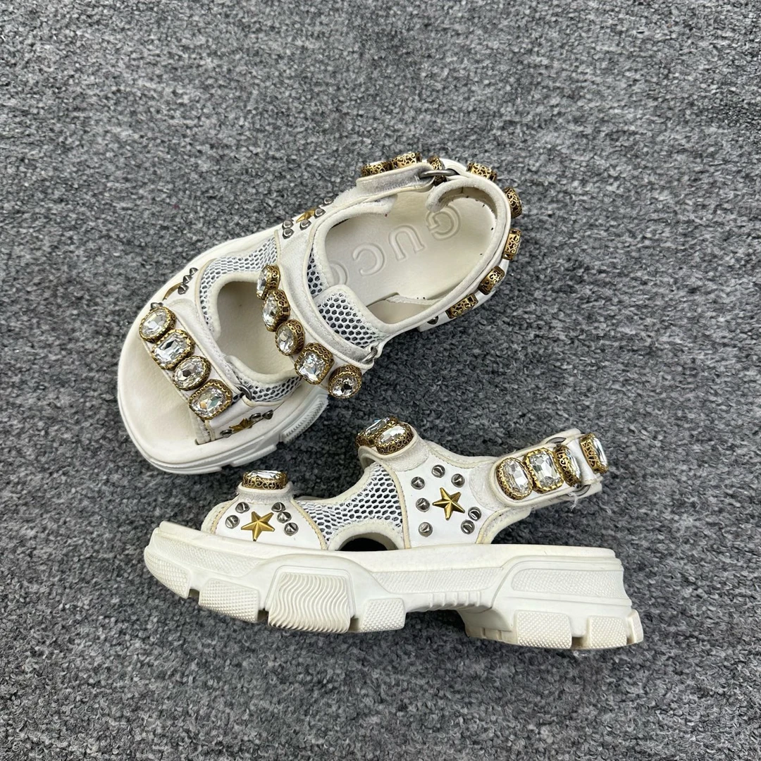 95新 GUCCI/古驰 35.5码/方钻白色厚底凉鞋/10001