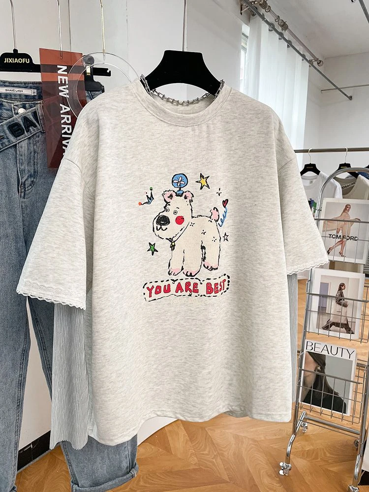 2025新款韩系高级感网纱长袖拼接假两件T恤女设计感宽松减龄上衣