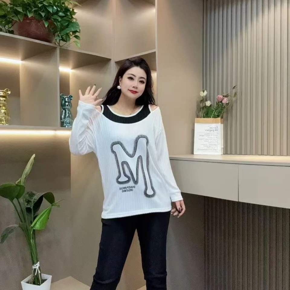 春季洋气大衫-双 7027时尚休闲宽松假两件露肩款胖MM大码女装新款