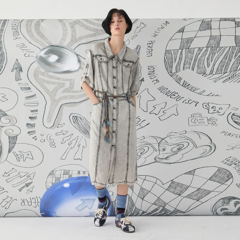谜底牛仔连衣裙短袖2025春新品复古风H型衬衫式中长裙子251ML0148