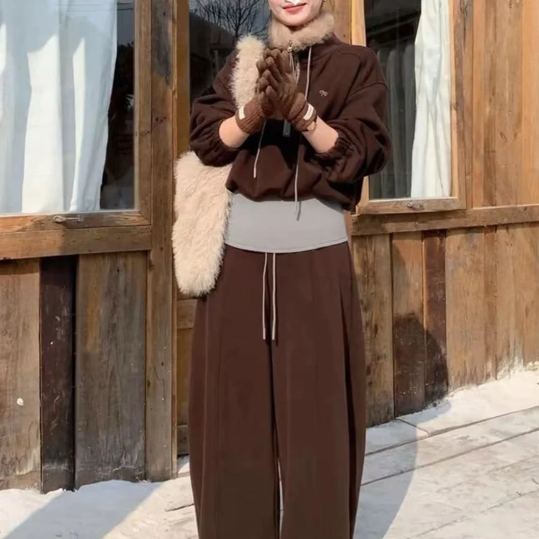 【肉肉家】韩版百搭休闲毛领加绒卫衣松紧腰阔腿裤两件699922-23