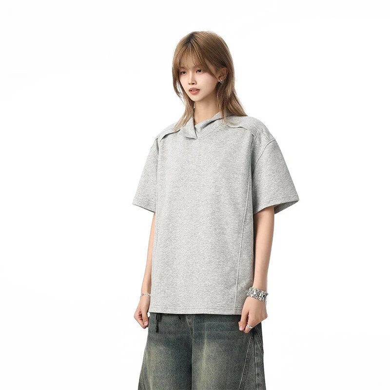 美式拼接短袖polo衫男款设计感小众正肩t恤cleanfit重磅翻领半袖