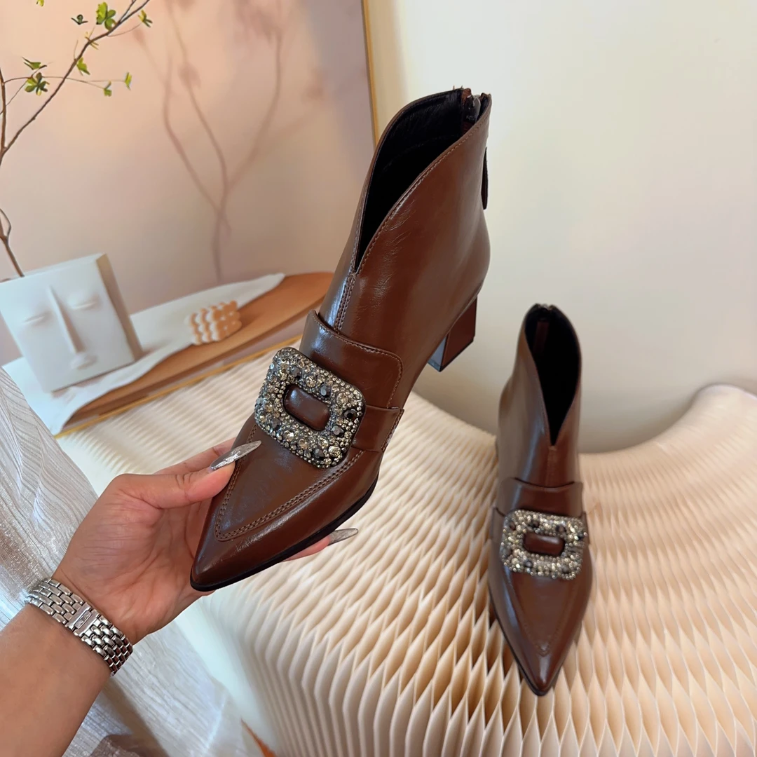5厘米粗跟高跟短靴女2025年秋冬新款时装靴尖头及裸靴百搭水钻