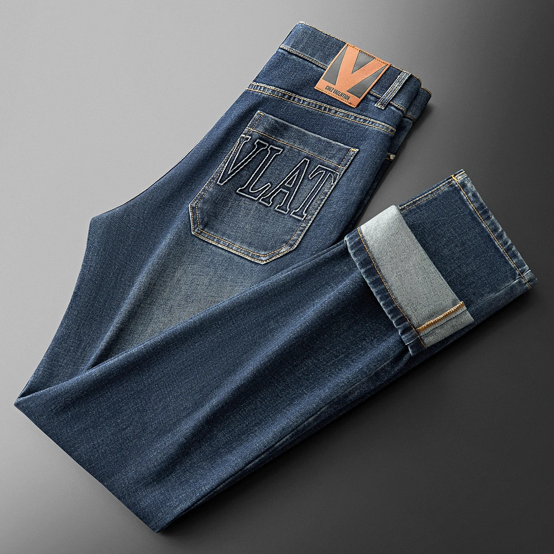 秋冬轻奢时尚复古加厚牛仔裤弹力精梳棉男士微阔直筒休闲牛仔裤男