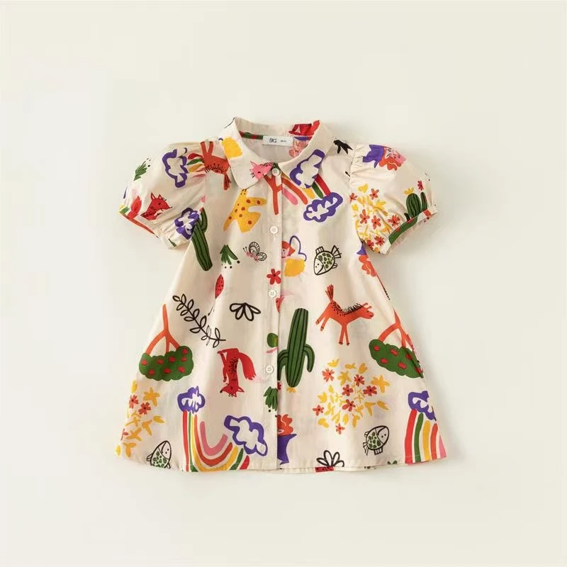 女童夏季薄款洋气卡通涂鸦风翻领泡泡袖衬衫裙5026