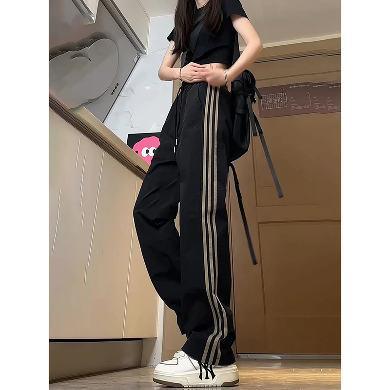 冰丝速干条纹运动裤男女夏季打孔透气三条杠裤子男直筒美式冲锋裤