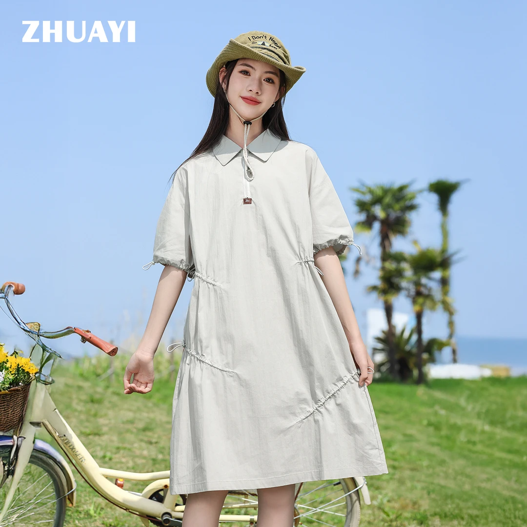 女童工装风连衣裙两侧双抽绳夏季学院风休闲宽松裙子（25222308）4