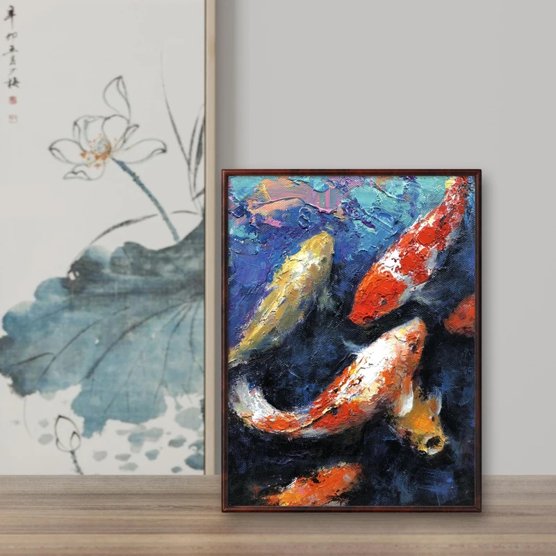 【年年有鱼】六鲤图原创油画的肌理复刻版画书房桌面装饰画20*26