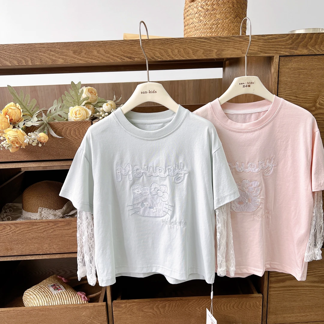 【短袖上衣】25229（两个色）上衣 女童韩版 假两件拼接蕾丝袖上衣