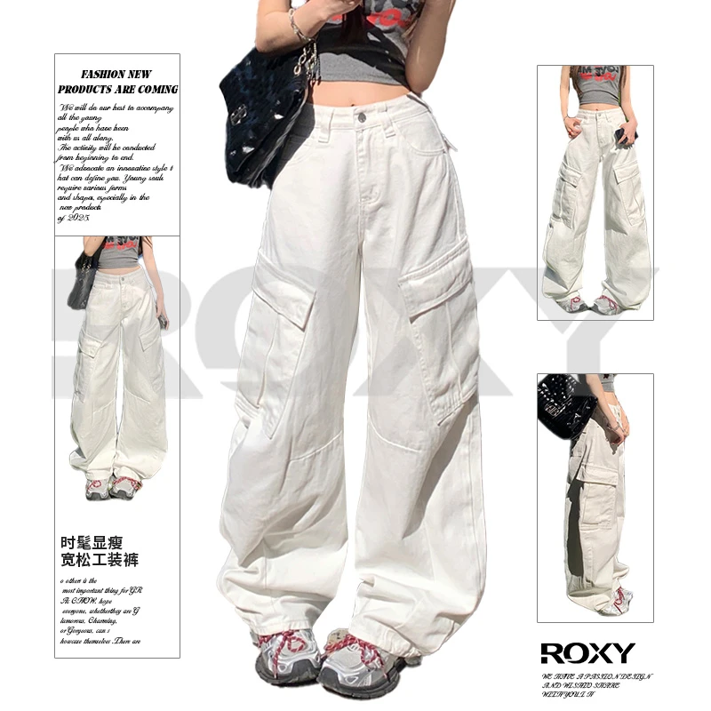 Roxy新款双色美式复古高街宽松阔腿裤口袋工装裤百搭直筒牛仔裤