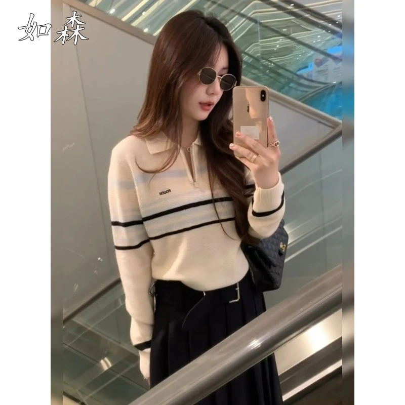 2025新款韩系早秋穿搭小香风上衣高级感超好看的白色polo针织衫女