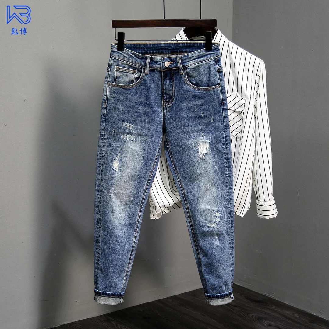 彪博裤子男士美式休闲潮牌夏季薄款牛仔裤春秋季新款微跨破洞长裤