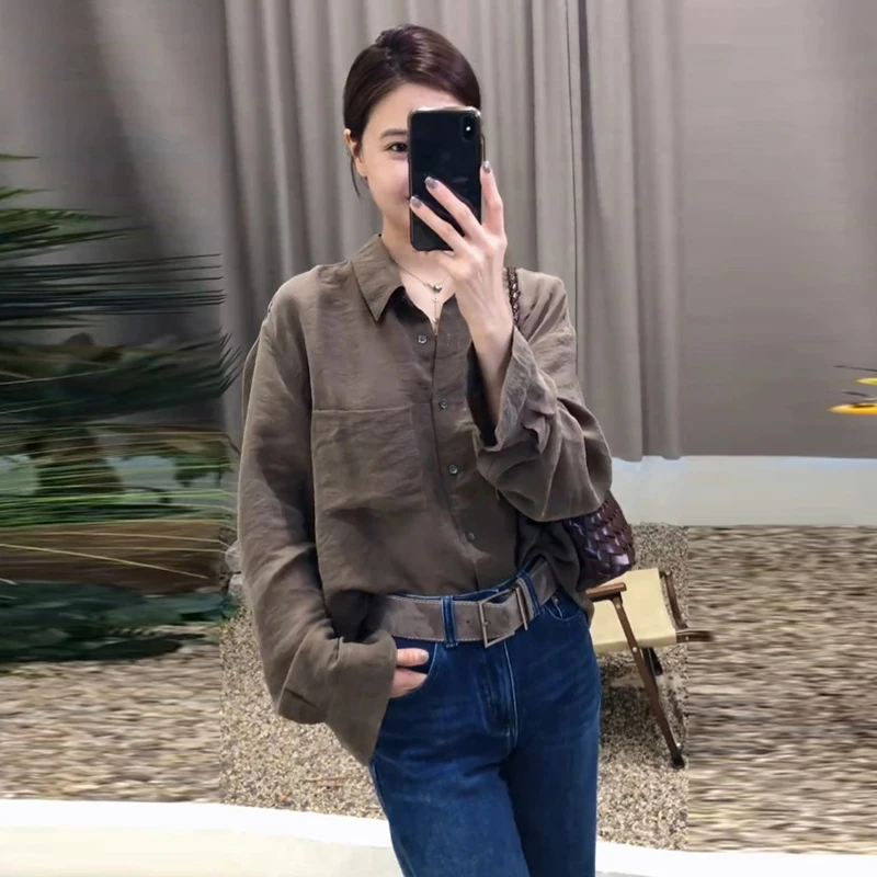 法式铜氨丝长袖衬衫女秋季2025新款中长款宽松慵懒风休闲外套上衣