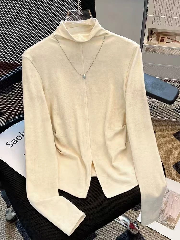 1109#2024新款时尚显瘦百搭链链设计磨毛长袖打底上衣