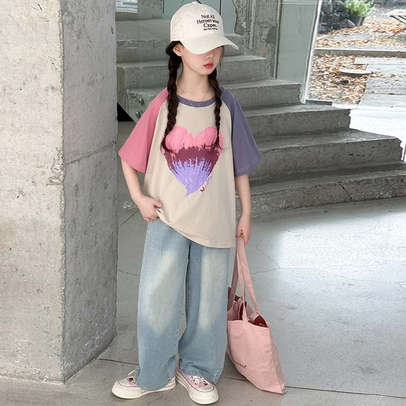 女童洋气牛仔裤套装夏装2025新款大童时髦短袖儿童夏季薄款阔腿裤