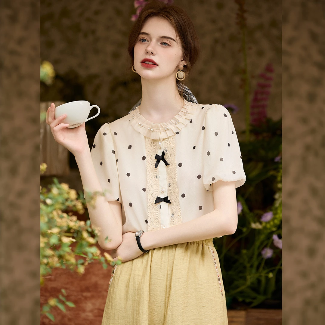 白鹿语【木耳边波点衬衫】夏季通勤时尚花边蝴蝶结衬衫YU20574