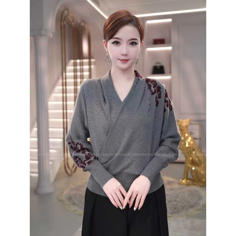 2026秋冬新款【ZM-988JR】含羊毛时尚洋气紫灰色V领慵懒风针织毛