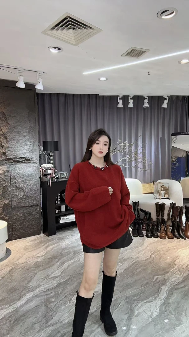 858秋冬新款时尚温柔风波点蝴蝶结系带针织衫慵懒高级感宽松上衣