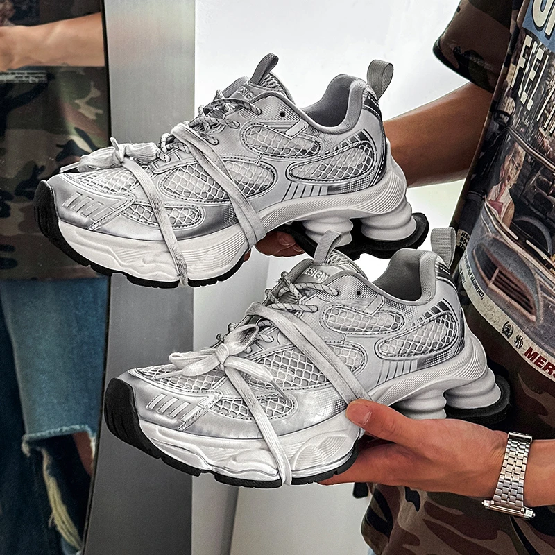 2025秋季新款网面透气银色老爹鞋厚底增高休闲运动明星同款男女鞋