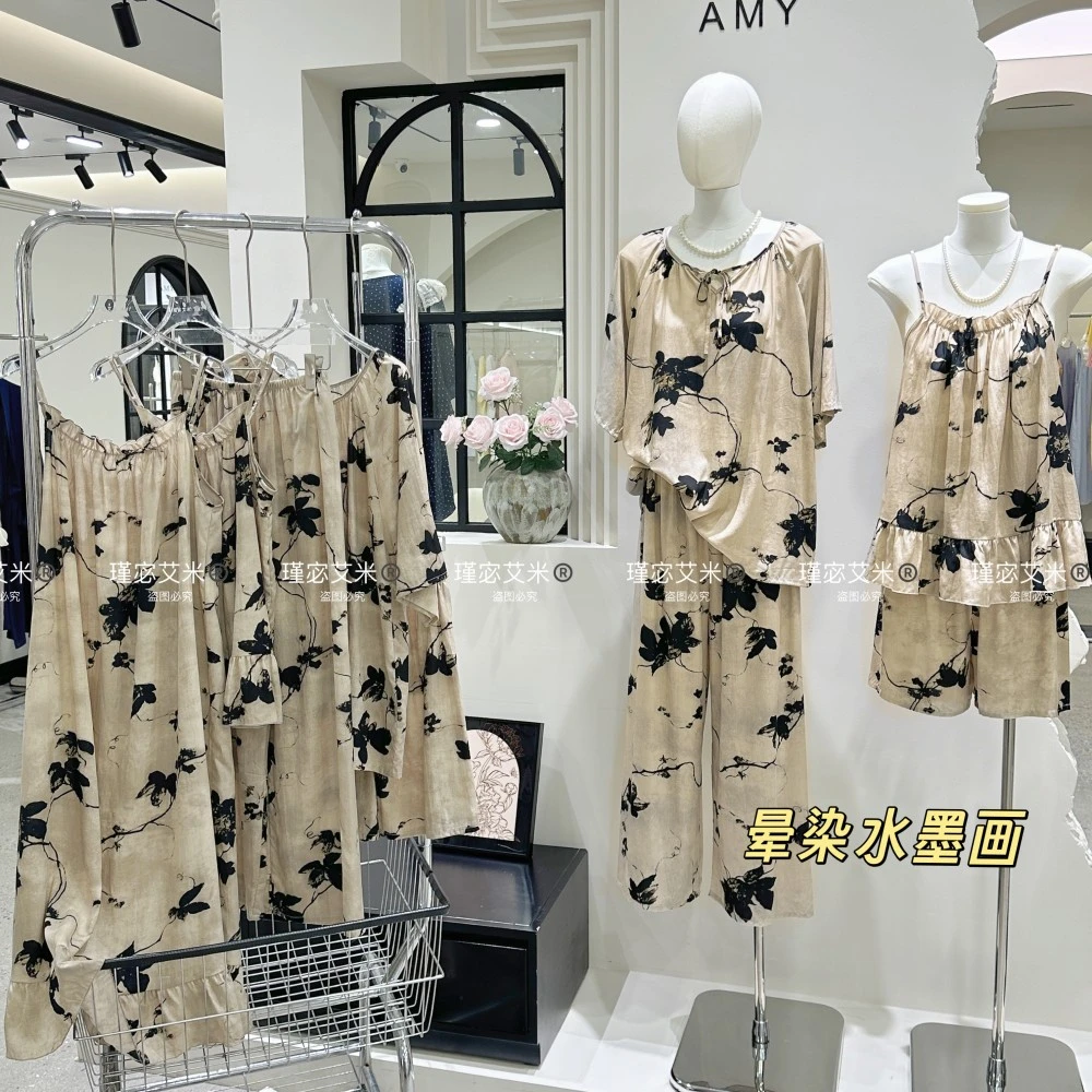 【杨杨粉丝专属】Amy 51794#薄款睡衣女短袖长裤家居服吸汗透气居家