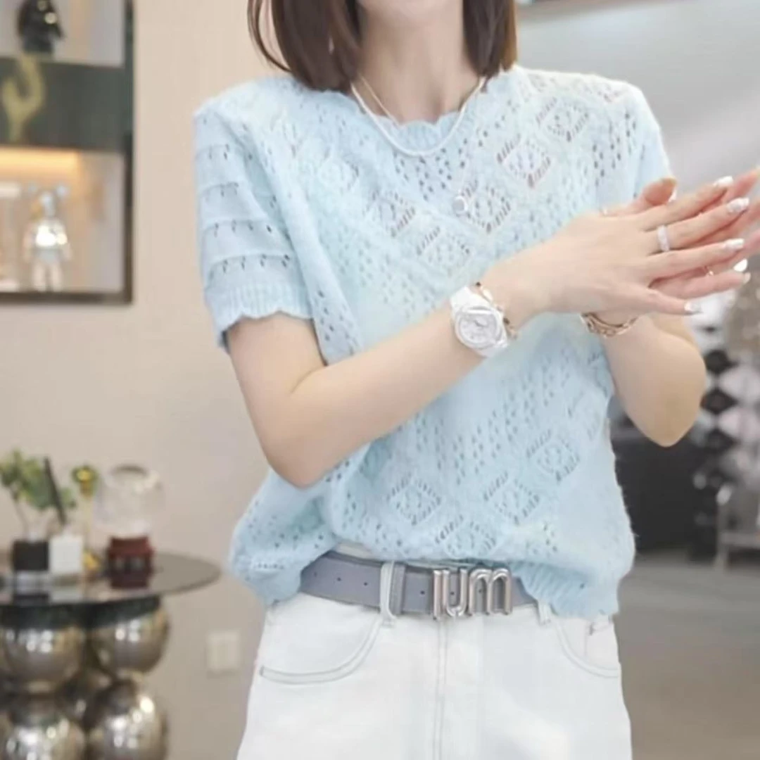 春夏女装时尚洋气镂空针织衫女韩系设计感宽松潮流短袖圆领毛衫