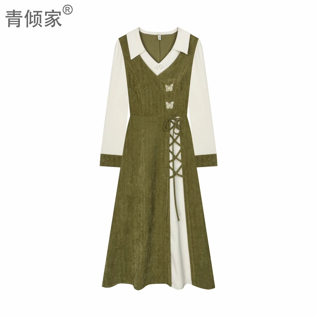 青倾家【绿野仙踪】春季新款绿色假两件设计感绑带收腰显瘦连衣裙
