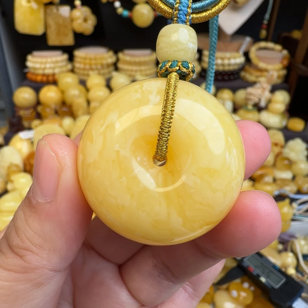 琥珀未镶嵌套链天然满蜡虎皮妖花蜜蜡平安扣吊坠