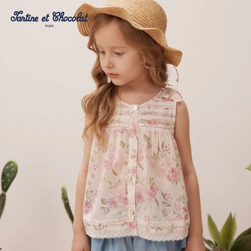 TC法国巧克力童装夏季新款女童满印无袖薄款连体衬衫甜美25满员