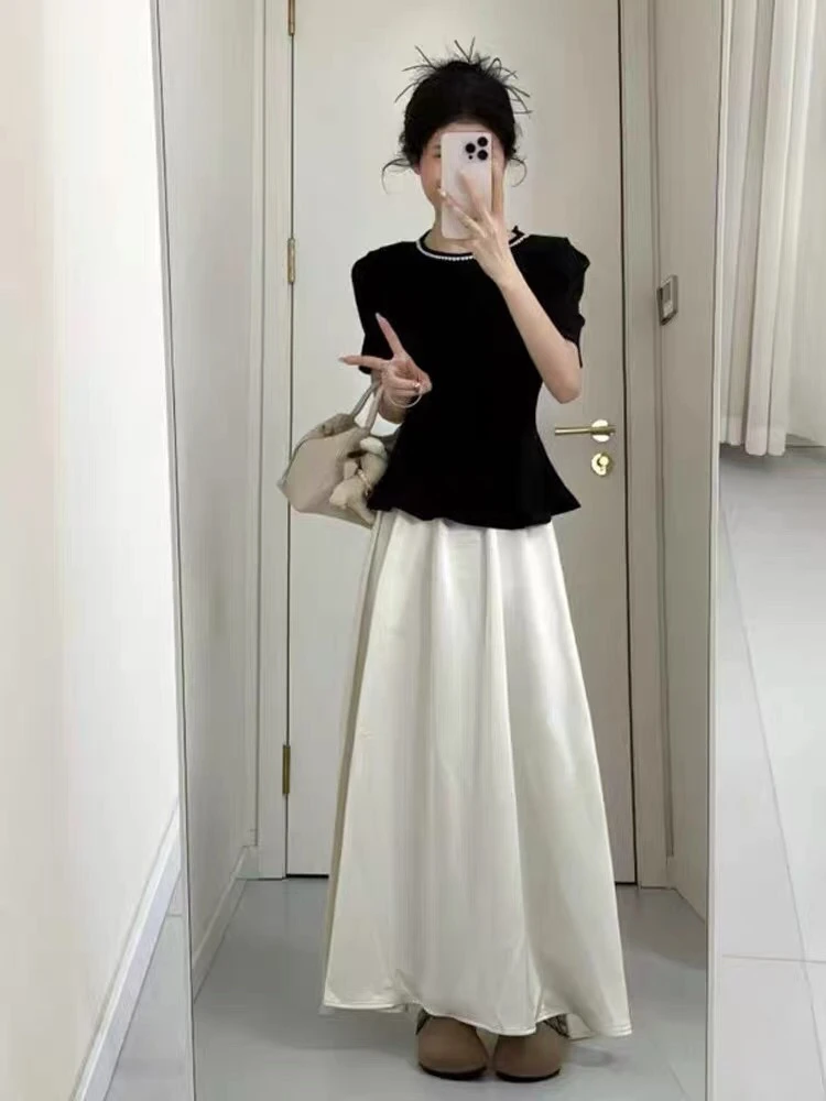 法式气质轻奢黑色圆领镶珠短袖套裙女2025新款高级感收腰减龄t恤