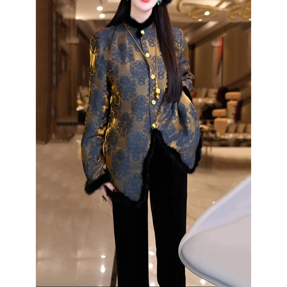 时尚洋气轻奢裤套装2025冬季新款国风印花夹棉长袖衬衫+显瘦裤子