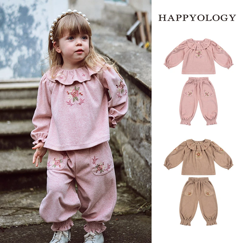 Happyology英国儿童春秋新款卫衣绣花荷叶领上衣女童童装裤子套装