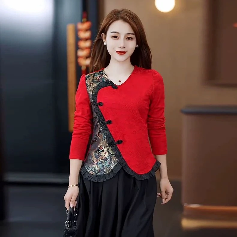 时尚国风T恤女2025春季新款洋气新中式盘扣拼接不规则打底衫上衣