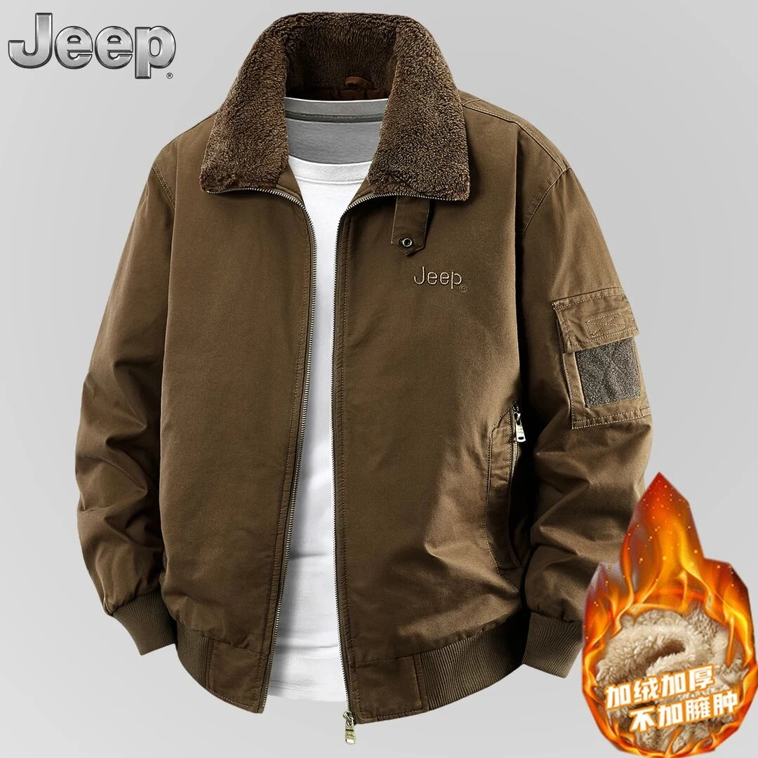 Jeep吉普加绒加厚翻领棉衣男士秋冬新款美式休闲保暖棉服男装外套