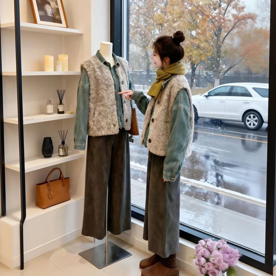 冬装搭配一整套大码胖mm复古牛仔衬衫叠穿毛毛马甲阔腿裤三件套女